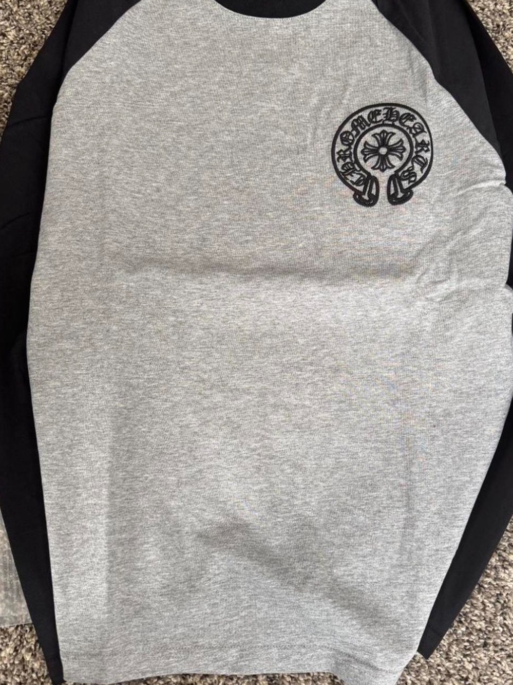 Grey & Black Raglan Long Sleeve Tee with Chest Emblem